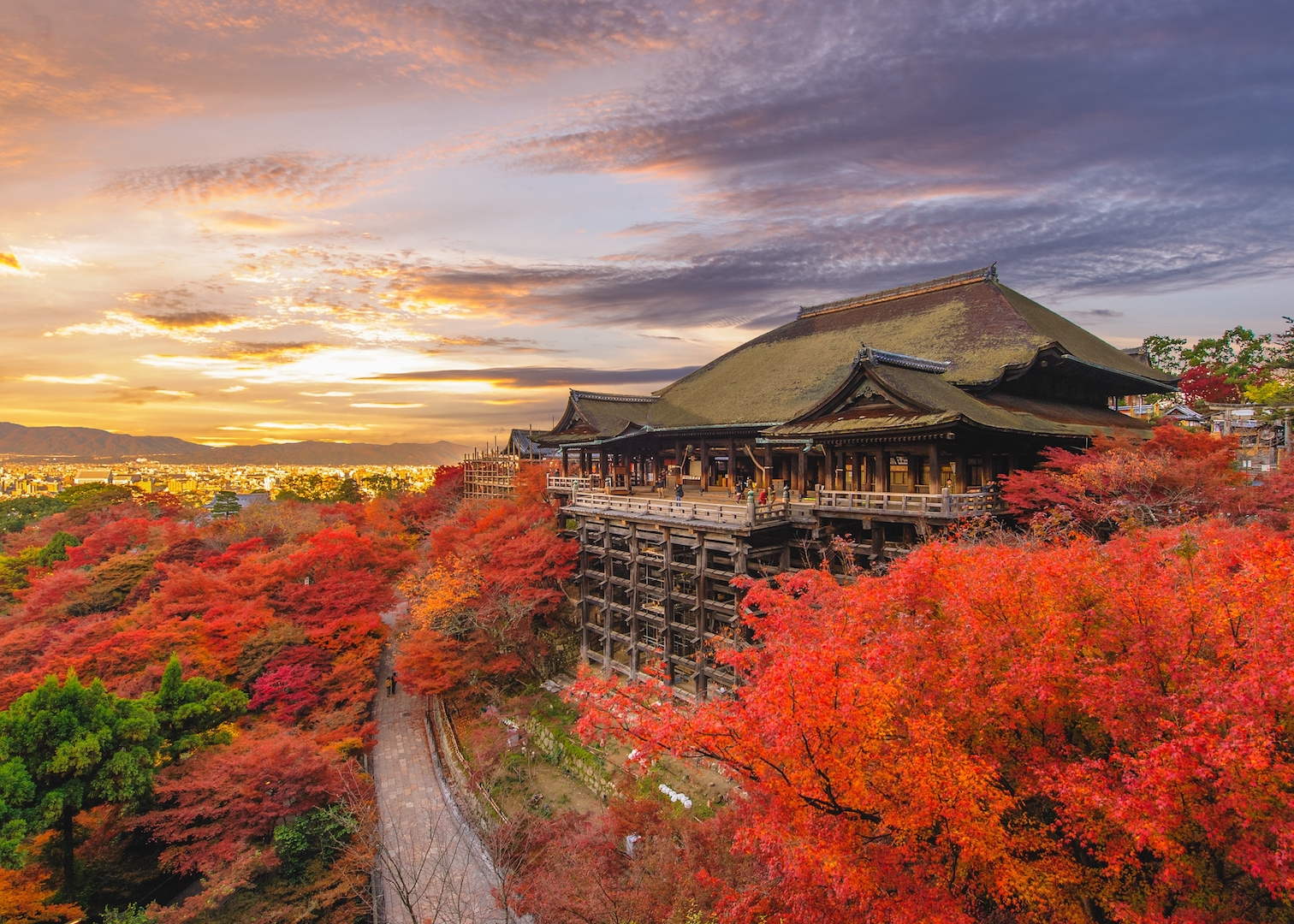 Adobe Stock #293927199 Kiyomizu-Dera Buddhist temple red leaves autumn sunset, Kyoto, Japan